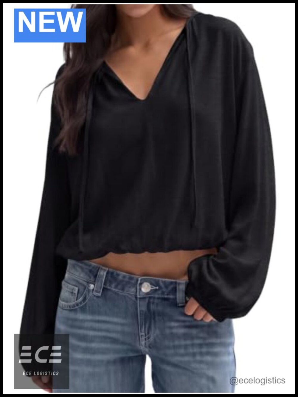 Womens Deep V Neck Sweatshirt Long Sleeve Drawstring Pullover Top